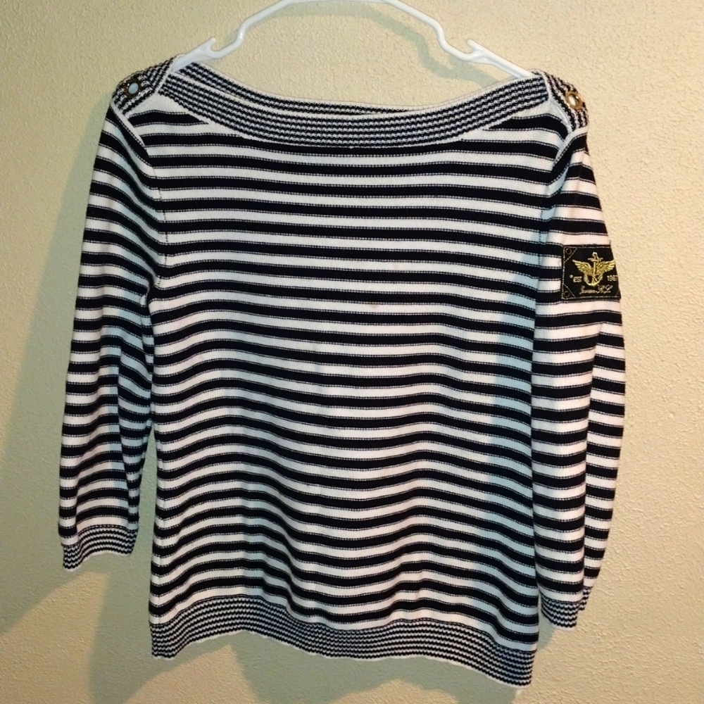 Lauren Ralph Lauren Navy Blue/Cream Nautical Striped With Patch 100% Cotton M